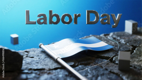 Labor Day celebration with a blue and white flag waving proudly, perfect for holiday greetings and patriotic themes, honoring workers with a vibrant festive display, 3D render