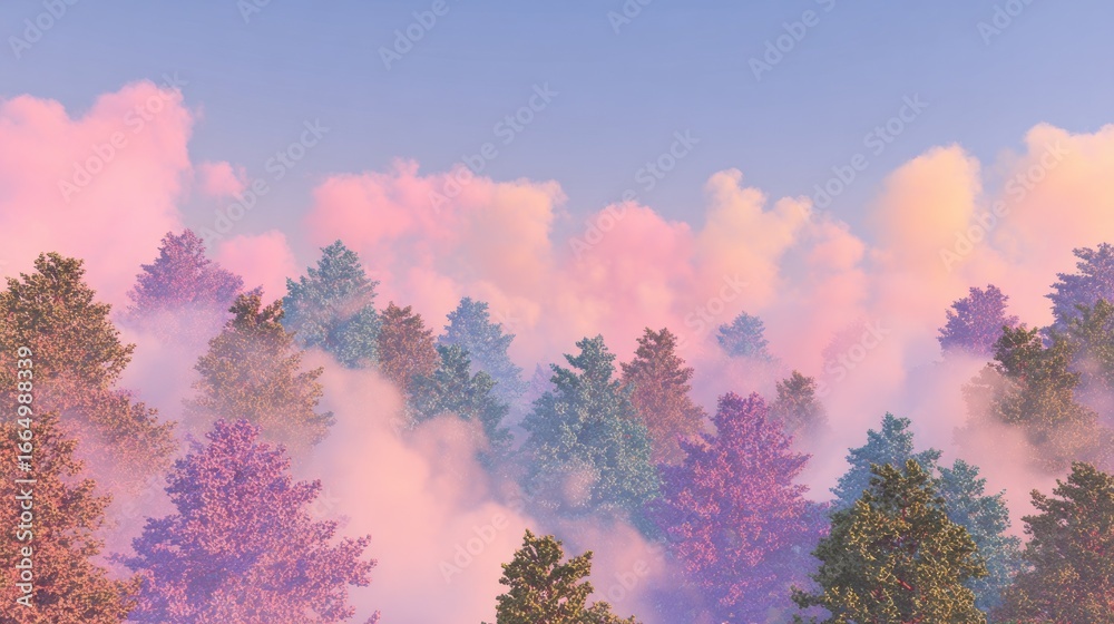 Fototapeta premium Misty forest landscape with pastel clouds