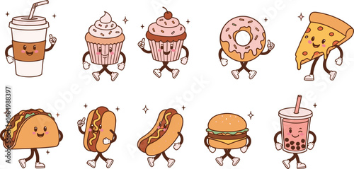Cute cartoon fast food characters – smiling coffee, cupcakes, donut, pizza, taco, hotdog, burger, bubble tea, vector set.