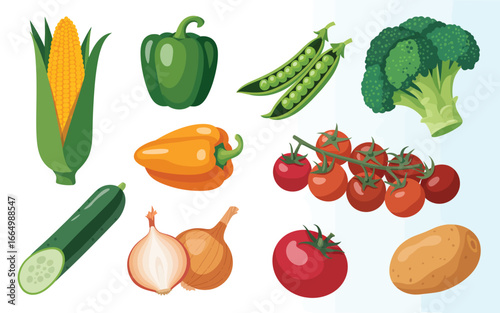 Collection of fresh vegetables including corn peppers peas broccoli cucumber onion tomatoes and potato