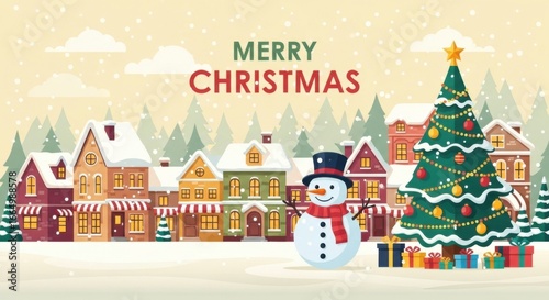 Wallpaper Mural Festive Christmas Scene with Snow Covered Houses Decorated Tree and Snowman in Village Setting Torontodigital.ca