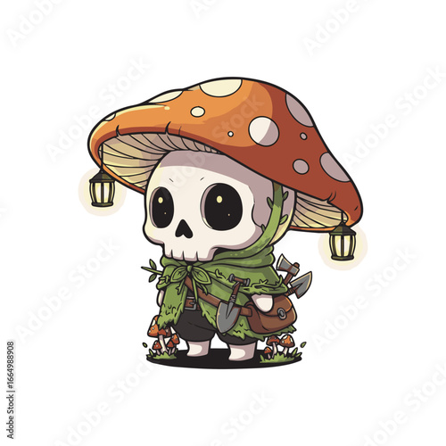 Cute skeleton explorer with a giant mushroom hat, green cloak, tools, and glowing lanterns, standing among small mushrooms in a whimsical fantasy forest style.