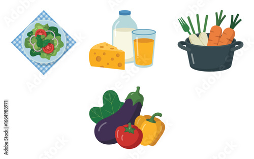 Assortment of fresh vegetables cheese milk and juice for healthy eating
