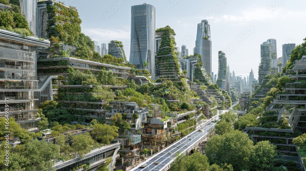 Obraz premium Ecological city of future Buildings with greenery. Futuristic skyline in background