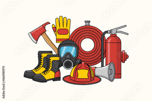 Collection of firefighter equipment and safety gear for combating fires
