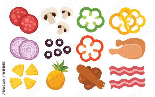 Collection of fresh pizza ingredients and toppings arranged in a grid
