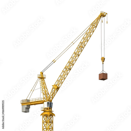 Yellow construction tower crane lifting a load isolated on transparent background