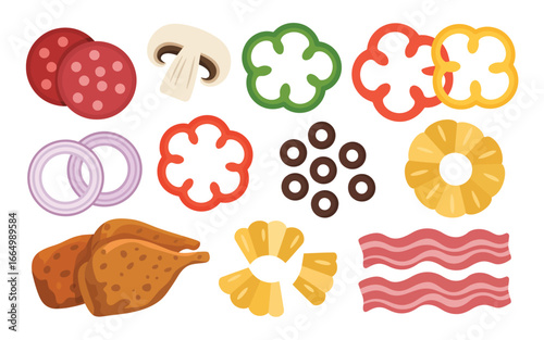 Collection of fresh pizza ingredients arranged on a white background