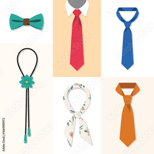 Collection of neckwear accessories including bow ties ties and bolo ties