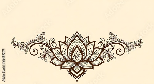Brown lotus floral ornament with swirling vines and small flowers decorative image