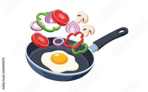 Fresh ingredients falling into a frying pan with fried egg