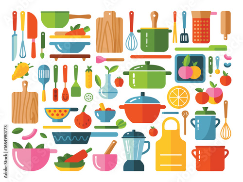 Collection of colorful kitchen utensils and cookware on a white background