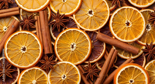 Dried Oranges Cinnamon Star Anise Festive Winter Spices Holiday Background