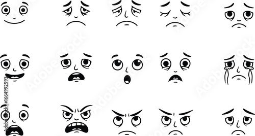 Emotional cartoon face expression set, vector sad angry surprised crying faces, black and white emoji icon illustration pack