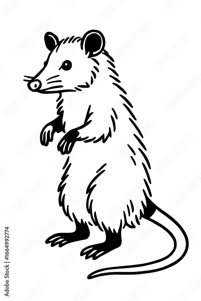 Obraz premium A detailed black and white illustration of a opossum, a North American marsupial, with a long tail, standing on its hind legs. vector illustration