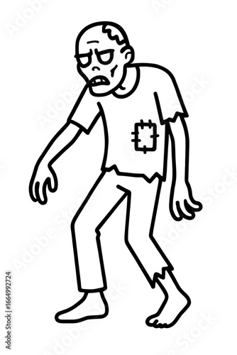 A minimalist illustration portrays a solitary zombie. Its weary form is accentuated by tattered clothes and a vacant gaze. A captivating black outline against a clean background.