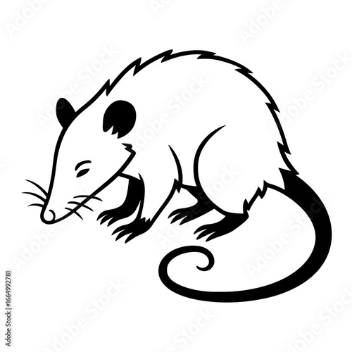 A whimsical cartoon opossum in a detailed, black and white illustration, captures the unique charm of this fascinating creature. vector illustration