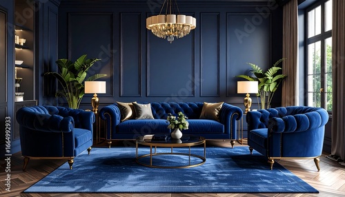Luxurious navy blue living room interior