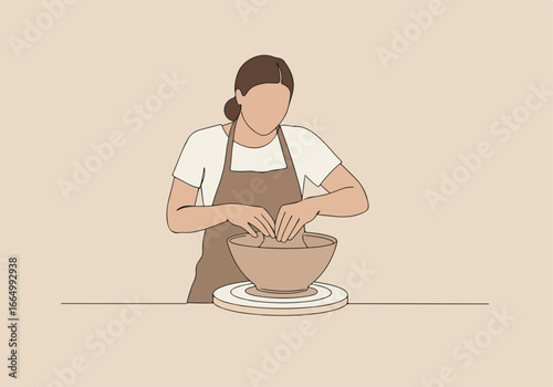 Woman shaping clay on pottery wheel for crafting art in neutral background