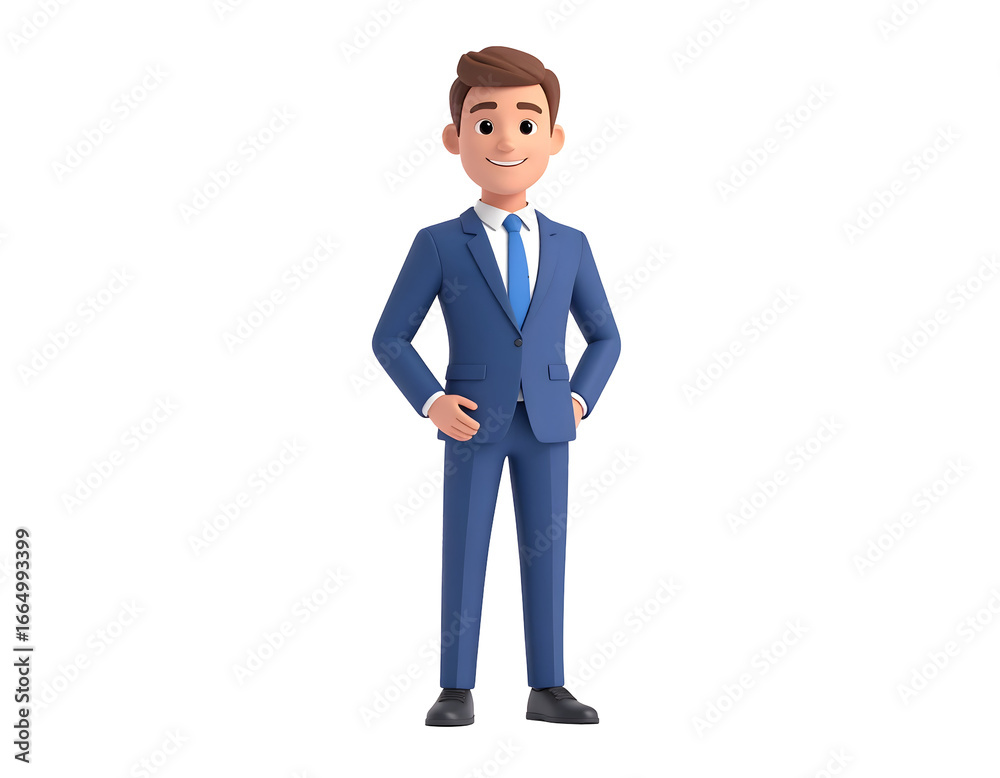 Obraz premium A friendly animated male character in a sharp blue suit and tie stands confidently, ready for business.