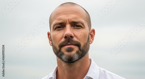 Confident mature caucasian male with beard under cloudy sky