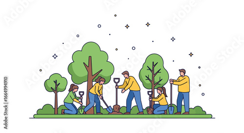 Community volunteers unite for a tree planting initiative, diligently working to cultivate environmental sustainability and create vital green spaces, fostering a healthier planet for all