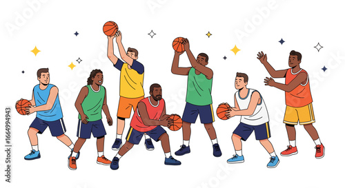 Energetic illustration of a diverse group of individuals skillfully demonstrating various basketball training expressions and athletic movements on the court