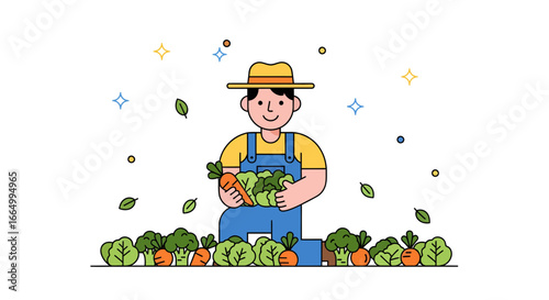Dedicated Farmer Joyfully Harvesting Fresh Organic Vegetables from Bountiful Garden Plot, Celebrating Sustainable Agriculture and Healthy Eating
