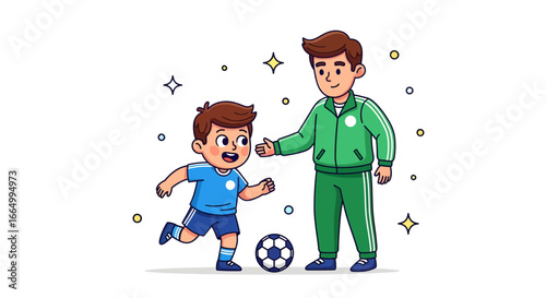 An engaging illustration featuring a cheerful young boy learning soccer with his supportive coach, emphasizing skill, positive sportsmanship, and mentorship in youth training