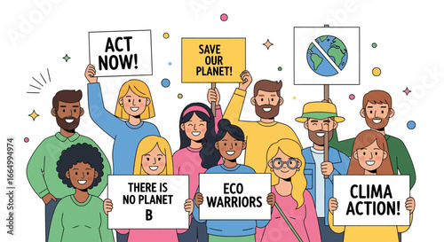 A compelling illustration of diverse individuals passionately advocating for urgent climate action, protesting environmental issues, and promoting a sustainable future