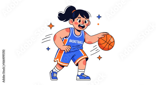 Dynamic illustration of a spirited young female basketball player showcasing her excellent dribbling skills on the court, embodying athleticism and determination during a game or practice session