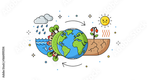 Illustrating the severe global impact of climate change, depicting extreme weather events like devastating floods and prolonged droughts affecting the Earth's delicate balance