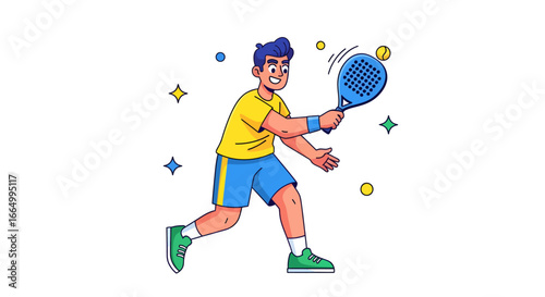 Energetic Male Padel Player Executes a Dynamic Forehand Stroke with a Confident Smile, Enjoying the Fast-Paced Action and Excitement of the Game