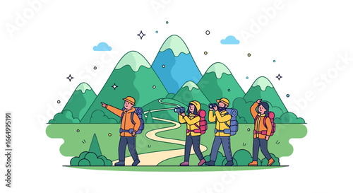 Adventure-seeking tourists hiking through vibrant green mountains, exploring scenic trails with backpacks and binoculars, enjoying a memorable outdoor journey and discovery