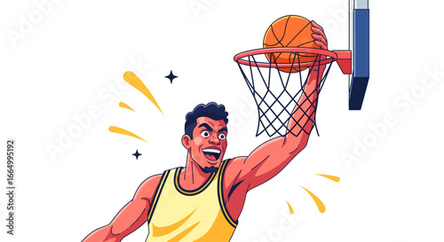 Dynamic illustration of an athletic male player performing an exciting basketball dunk action, soaring through the air to score with intense energy and skill