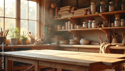 Fototapeta Naklejka Na Ścianę i Meble -  Wooden workshop interior with large window, natural light, tools, materials, wooden workbench, table, chairs, pottery wheel, shelves, jars, gray carpet, light gray walls, warm atmosphere.