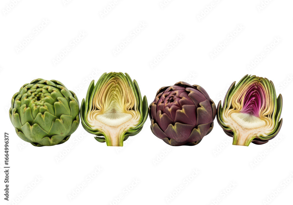 Fototapeta premium Two whole and two halved green and purple artichokes on background vegetable food