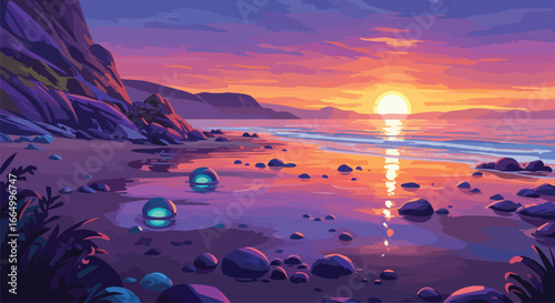 Magical Sunset on a Rocky Beach Purple and Orange Sky Glowing Stones Digital Painting