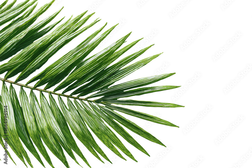 Fototapeta premium Close-up of a vibrant green palm leaf's edge, featuring sharp, pointed fronds radiating outwards. A detailed view of the leaf's structure, highlighting the texture and color of the tropical foliage