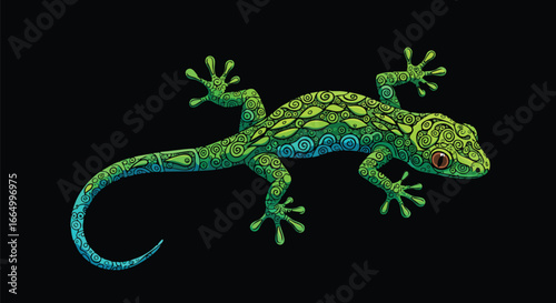 Vibrant Green Gecko Lizard on Black Background Detailed Vector Illustration