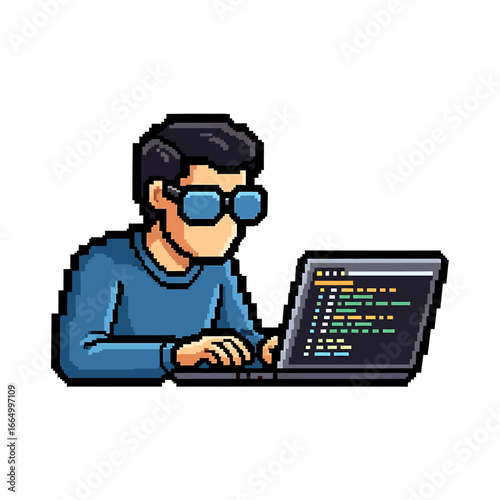Pixel art programmer diligently codes on laptop.