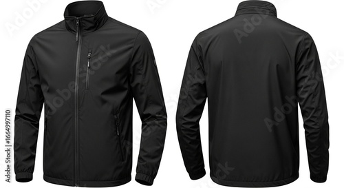 Front and back view of a black zippered casual jacket with a stand-up collar and pockets.
