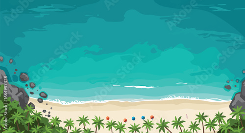 Aerial View of Secluded Tropical Beach with Palm Trees and Turquoise Ocean