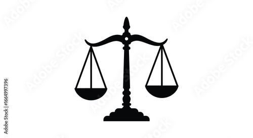 A black silhouette of a balanced scale on a white background