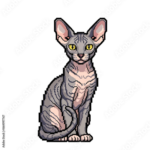 Pixelated illustration of a Sphynx cat sitting upright, featuring detailed skin patterns and bright yellow eyes.