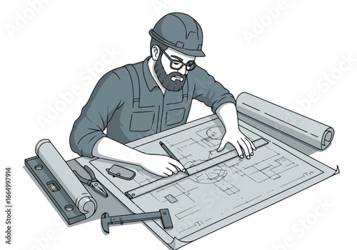 Engineer drafting blueprint, workspace with plans, tools in background for design