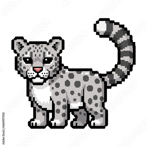 A pixelated illustration depicts a snow leopard in a side profile, showcasing its spotted coat and curled tail.