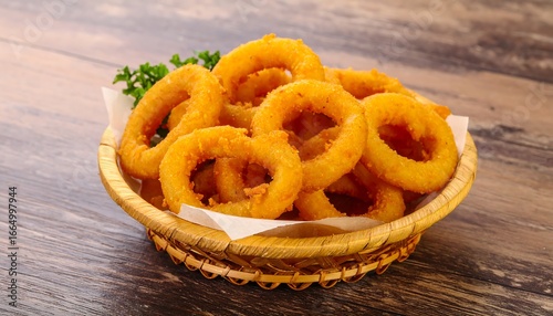 Golden, crispy onion rings are piled high in a shallow basket on a wooden surface.