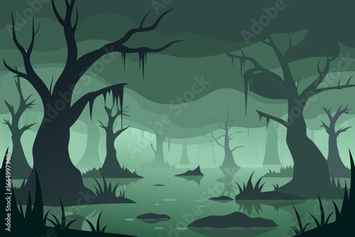 Haunted swamp with eerie fog vector illustration