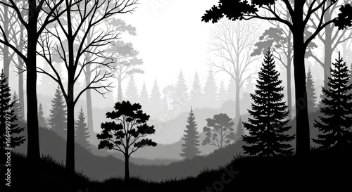 Silhouette Black and White Forest Scene with Tall Trees and Dense Foliage